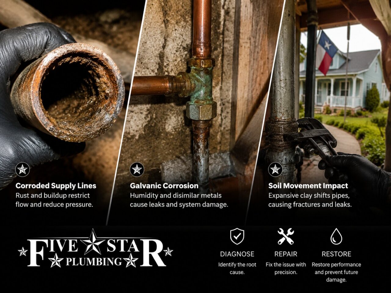 Plumbing diagnostics, repair, and restoration in Castroville, TX, showcasing issues like corroded pipes, galvanic corrosion, and soil movement impact.