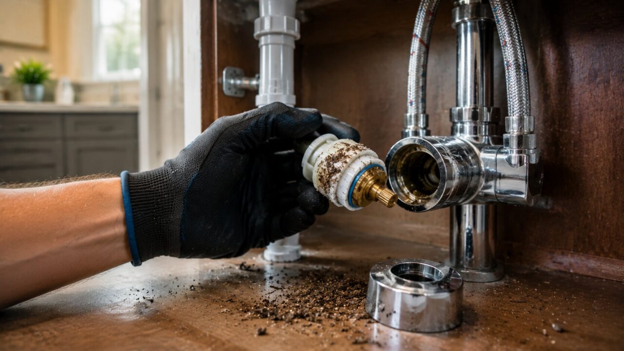 Faucet cartridge failure caused by construction debris in new home plumbing system in Leon Valley