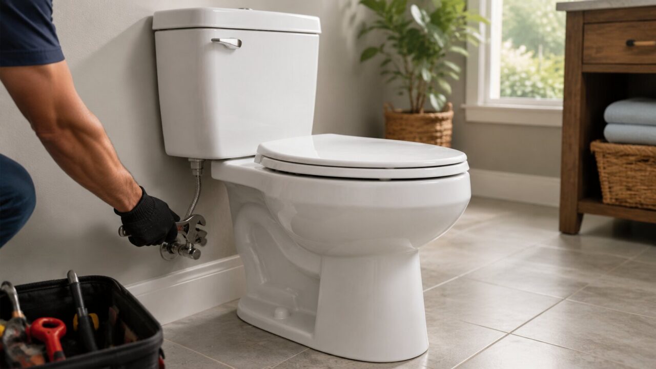 Plumber installing a high-efficiency toilet in a modern bathroom to reduce water bills and improve water savings