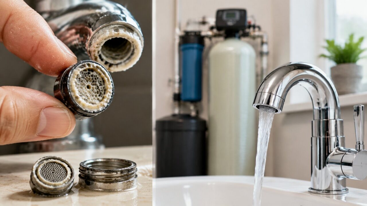Clogged faucet aerator with calcium mineral buildup from hard water in a San Antonio home