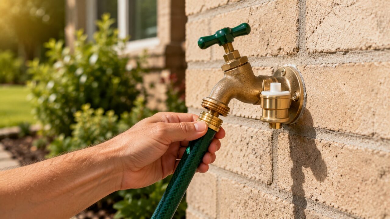 Solid brass outdoor hose bib with a certified backflow preventer and garden hose connected at a Leon Valley home.