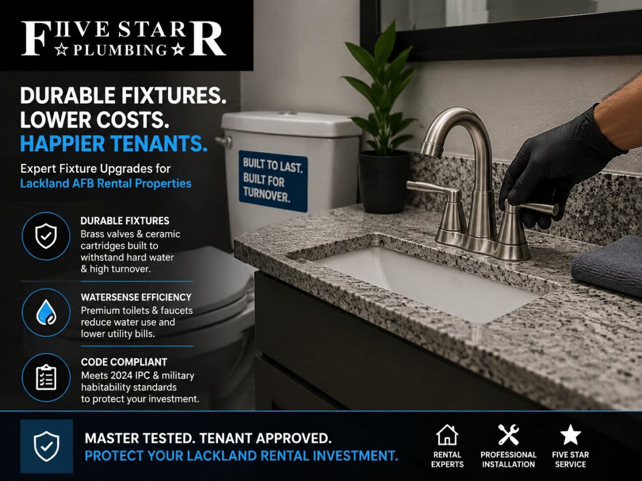 Five Star Plumbing professional installing durable plumbing fixtures in a Lackland AFB rental