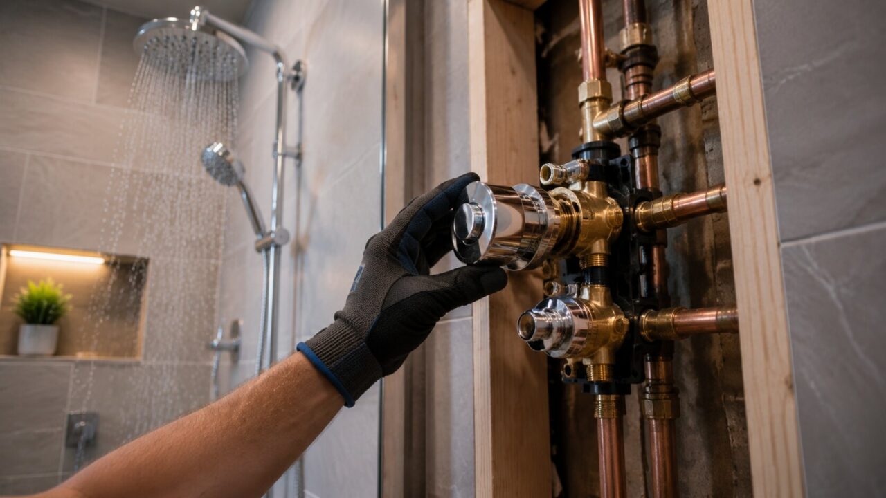 Thermostatic shower valve installation showing wax element temperature control compared to pressure balance valve in San Antonio home