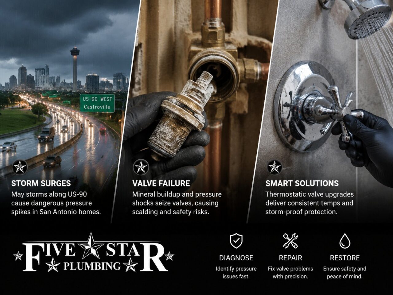 Storm-related shower valve failure and thermostatic plumbing upgrade in San Antonio and Castroville homes.