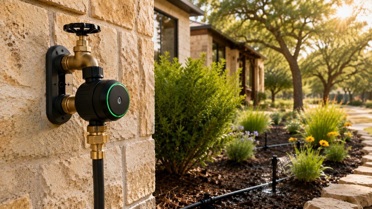 Smart hose bib timer installed on a Helotes home with drip irrigation system for outdoor water conservation and drought-compliant watering