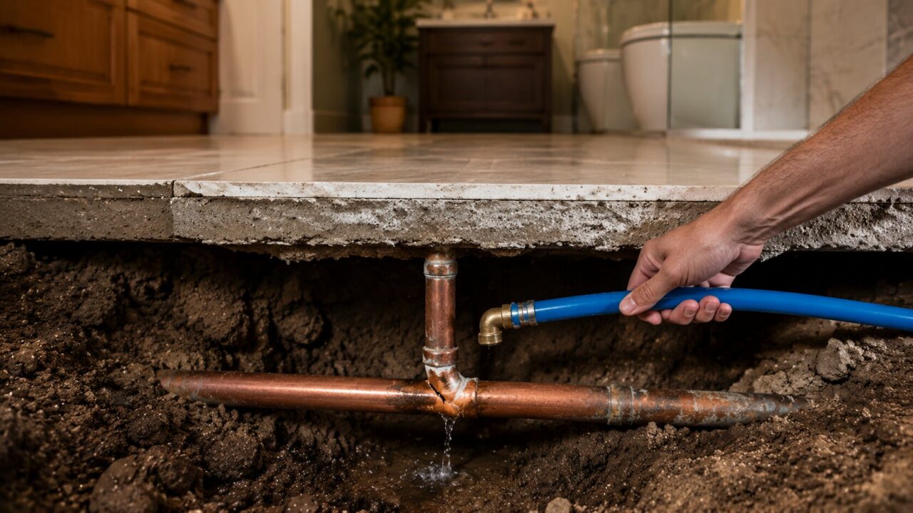 Slab leak repair showing copper pipe failure and PEX rerouting in a foundation affected by expansive clay soil