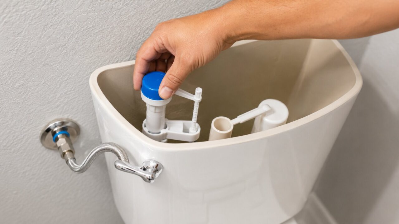 Professional plumber replacing a toilet fill valve inside a toilet tank to stop a running toilet in a Castroville, TX home.