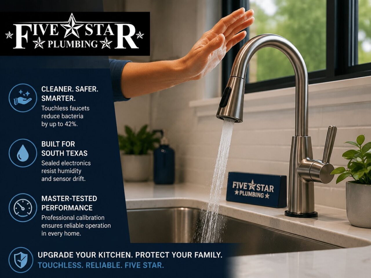 Five Star Plumbing professional inspecting a touchless kitchen faucet in Leon Valley