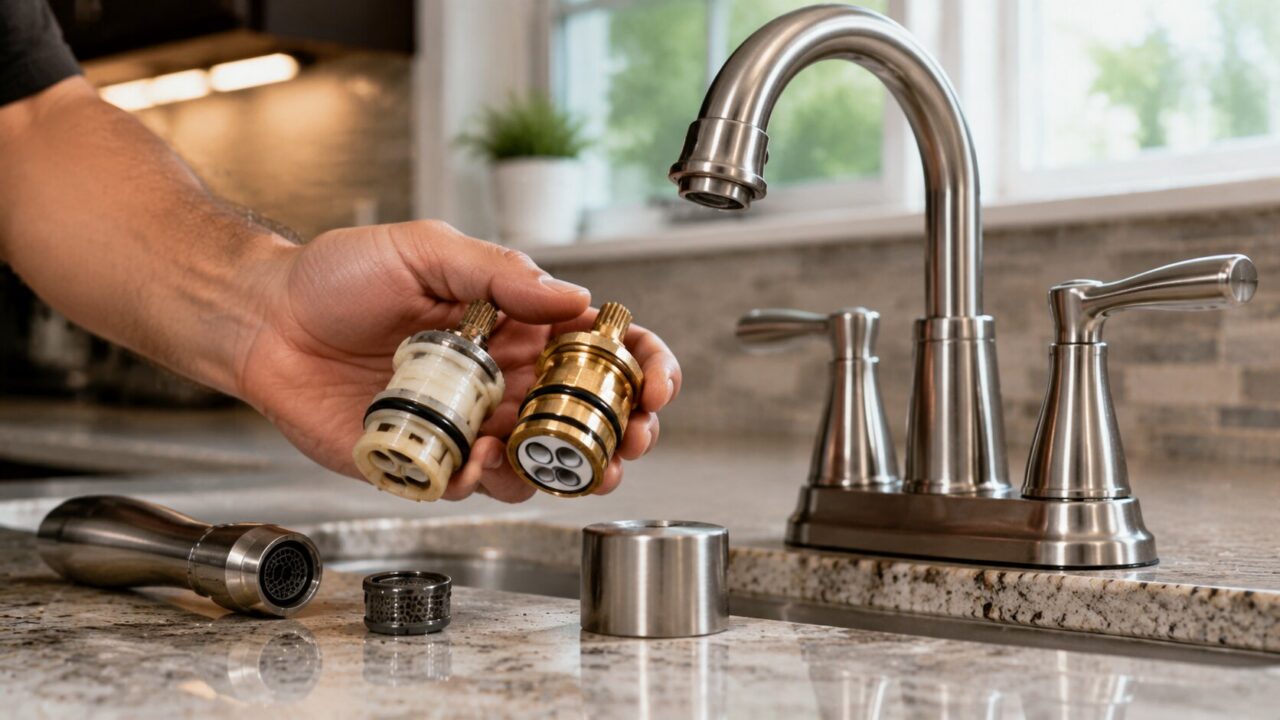 Comparing builder-grade plastic faucet cartridge with durable brass ceramic disc cartridge in Westover Hills home